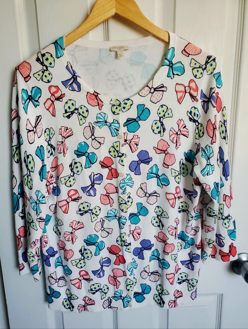 Talbots Bow Pattern Button V-Neck Colorful Cardigan Women's Size XL